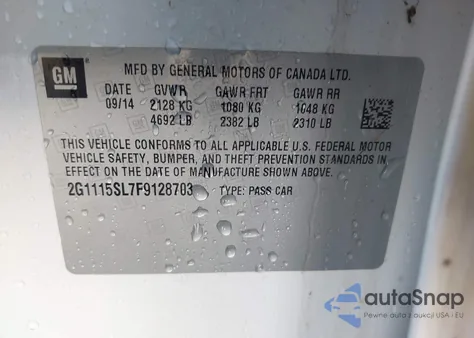 2015 Chevrolet Impala 1Lt из США, поврежденный, VIN 2G1115SL7F9128703